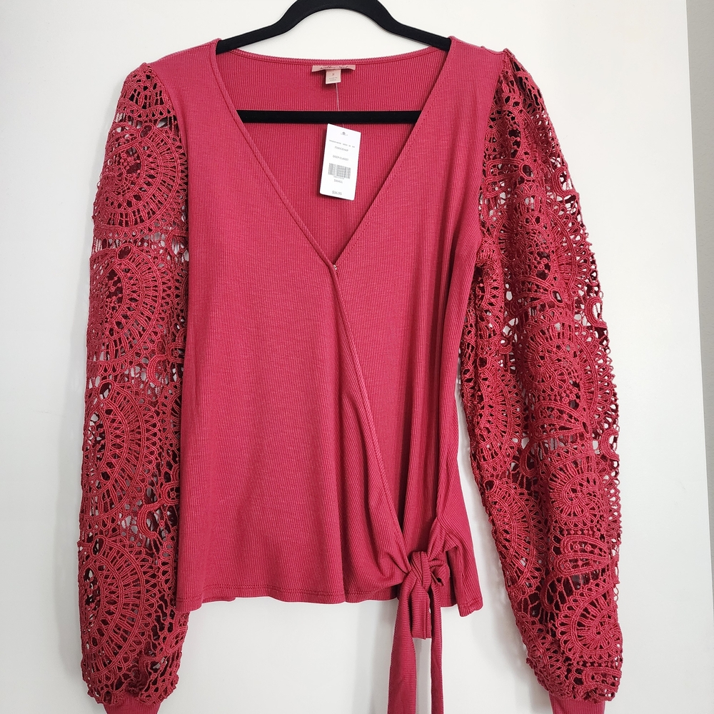 Willow & Root Red Lace Sleeve Wrap Blouse